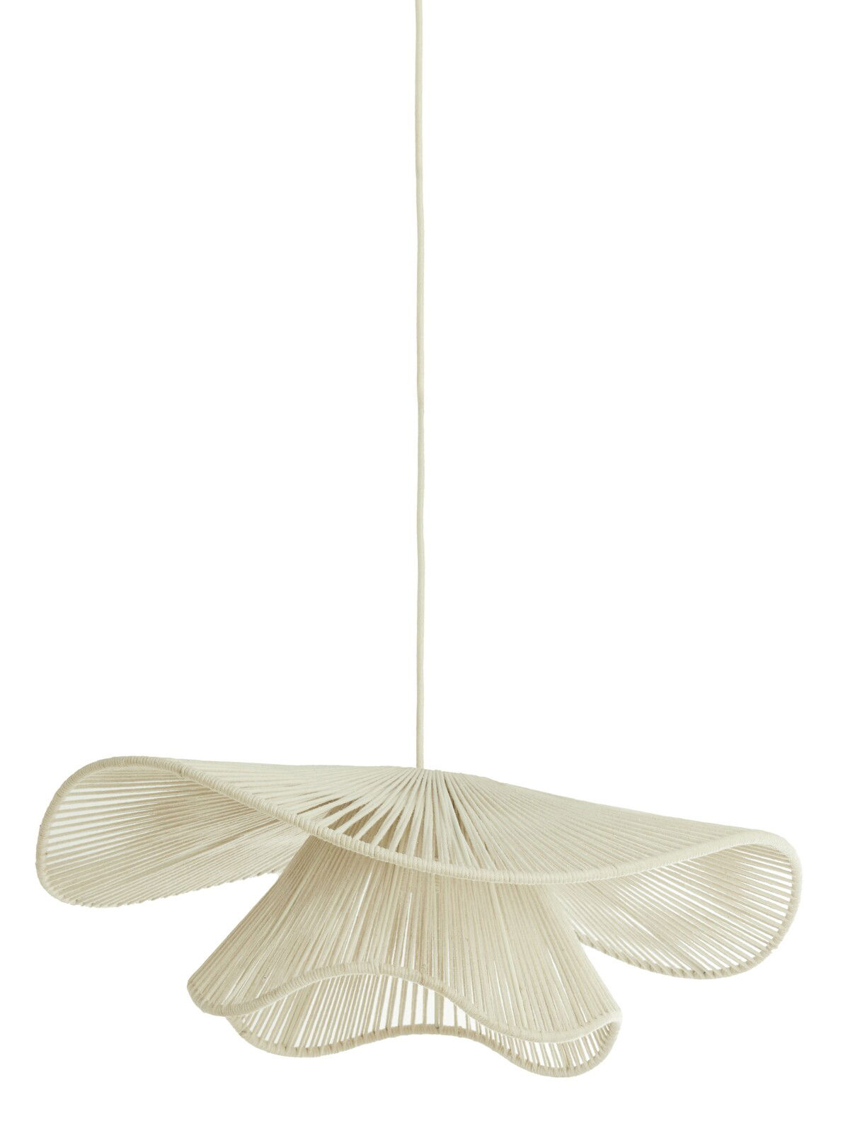 Hängeleuchte mit organischem Design aus geflochtenem Material, seitliche Perspektive