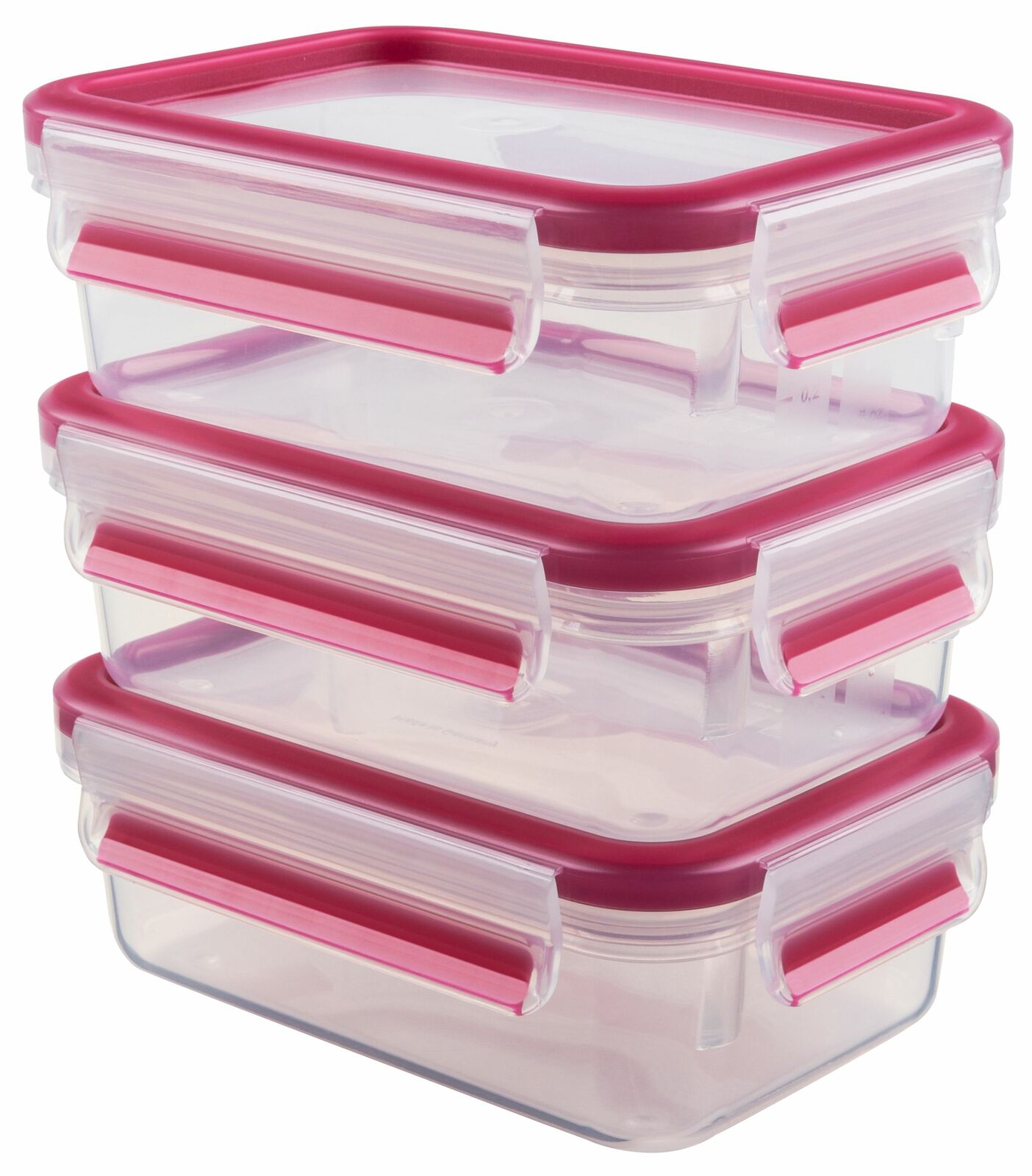 Dreiteiliges Set von transparenten Frischhaltedosen mit pinkfarbenem Deckel und Verschluss, gestapelt in seitlicher Perspektive.