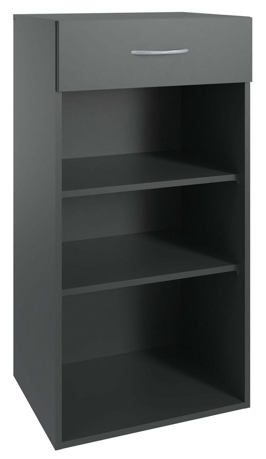 XORA Regal niedrig MULTIRAUMKONZEPT Graues, niedriges Regal mit drei offenen Fächern und einer Schublade, Frontalansicht