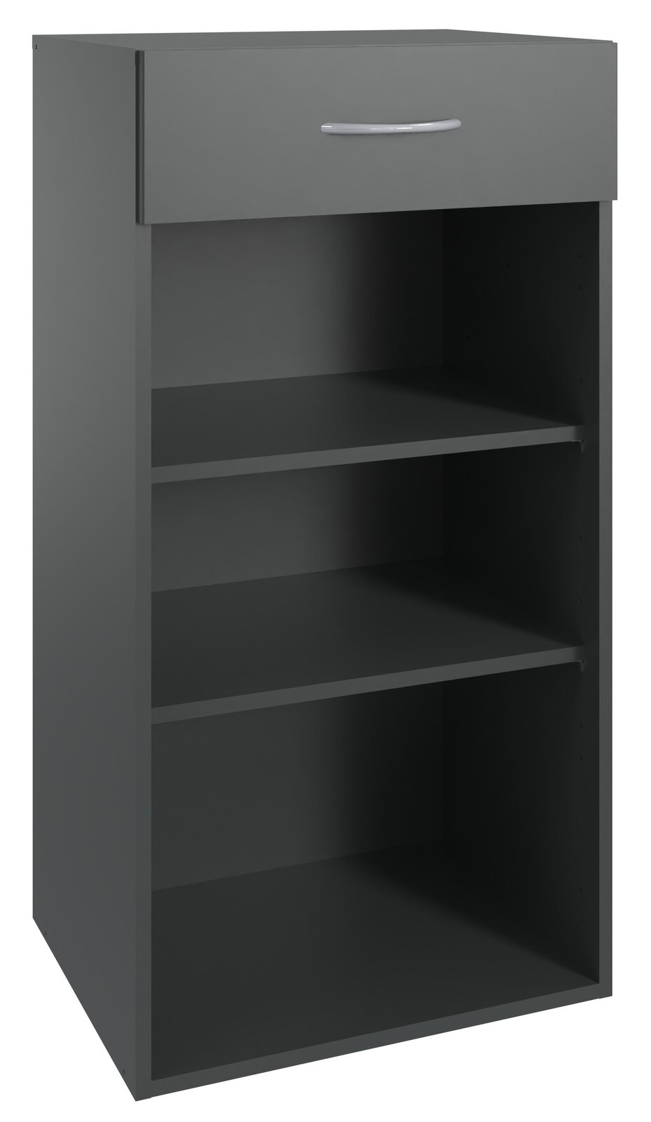 Graues, niedriges Regal mit drei offenen Fächern und einer Schublade, Frontalansicht