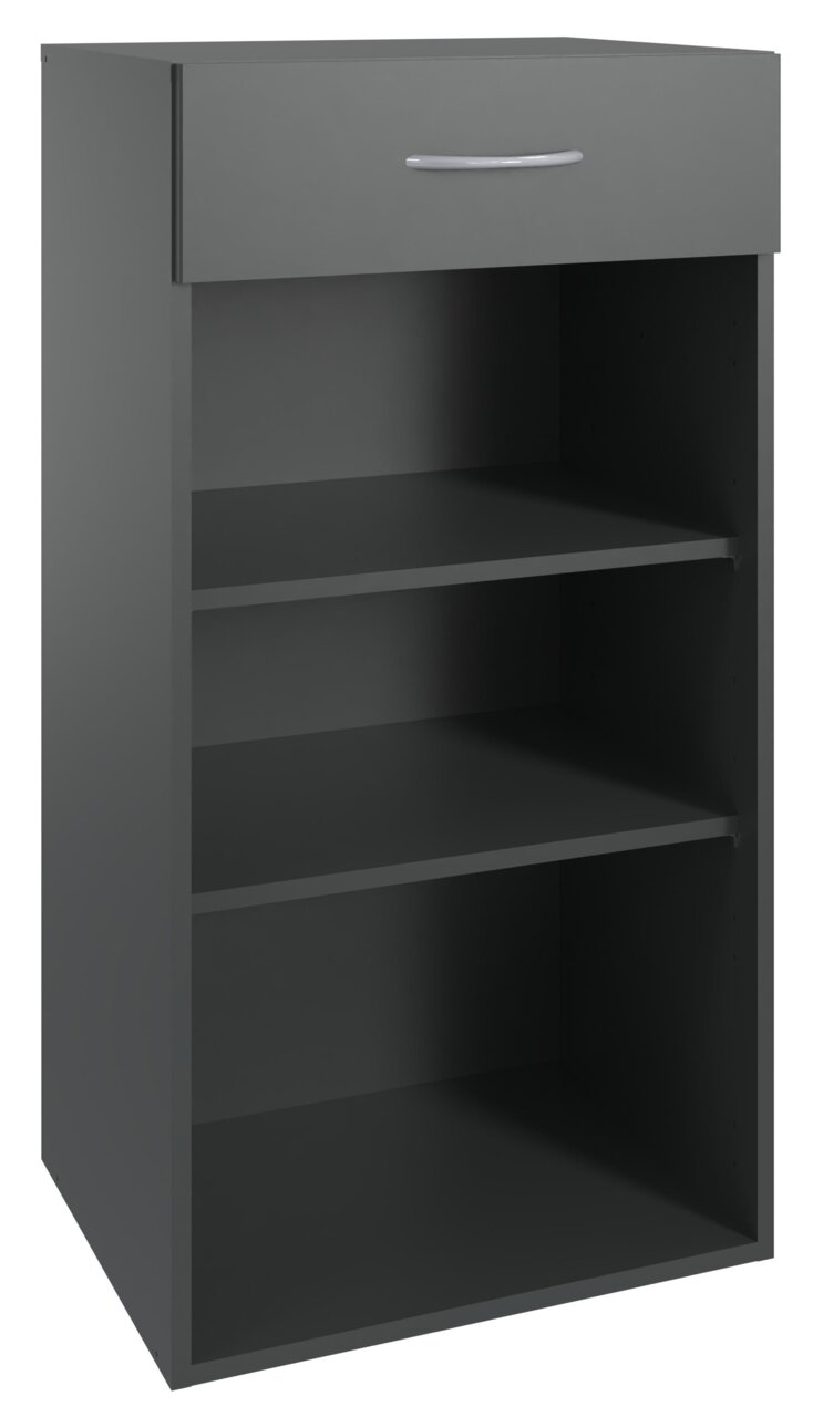 XORA Regal niedrig MULTIRAUMKONZEPT Graues, niedriges Regal mit drei offenen Fächern und einer Schublade, Frontalansicht