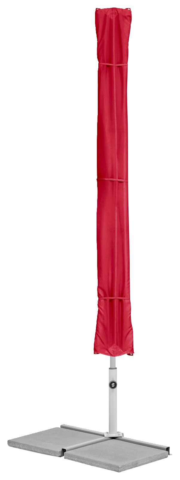 Roter Sonnenschirm in geschlossener Position, frontal fotografiert, auf stabilem Standfuß.