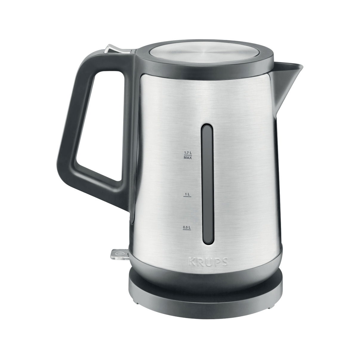 Krups Wasserkocher CONTROL LINE Silberner Wasserkocher mit schwarzem Griff, seitliche Ansicht, zeigt Wasserstandsanzeige und Markenlogo.