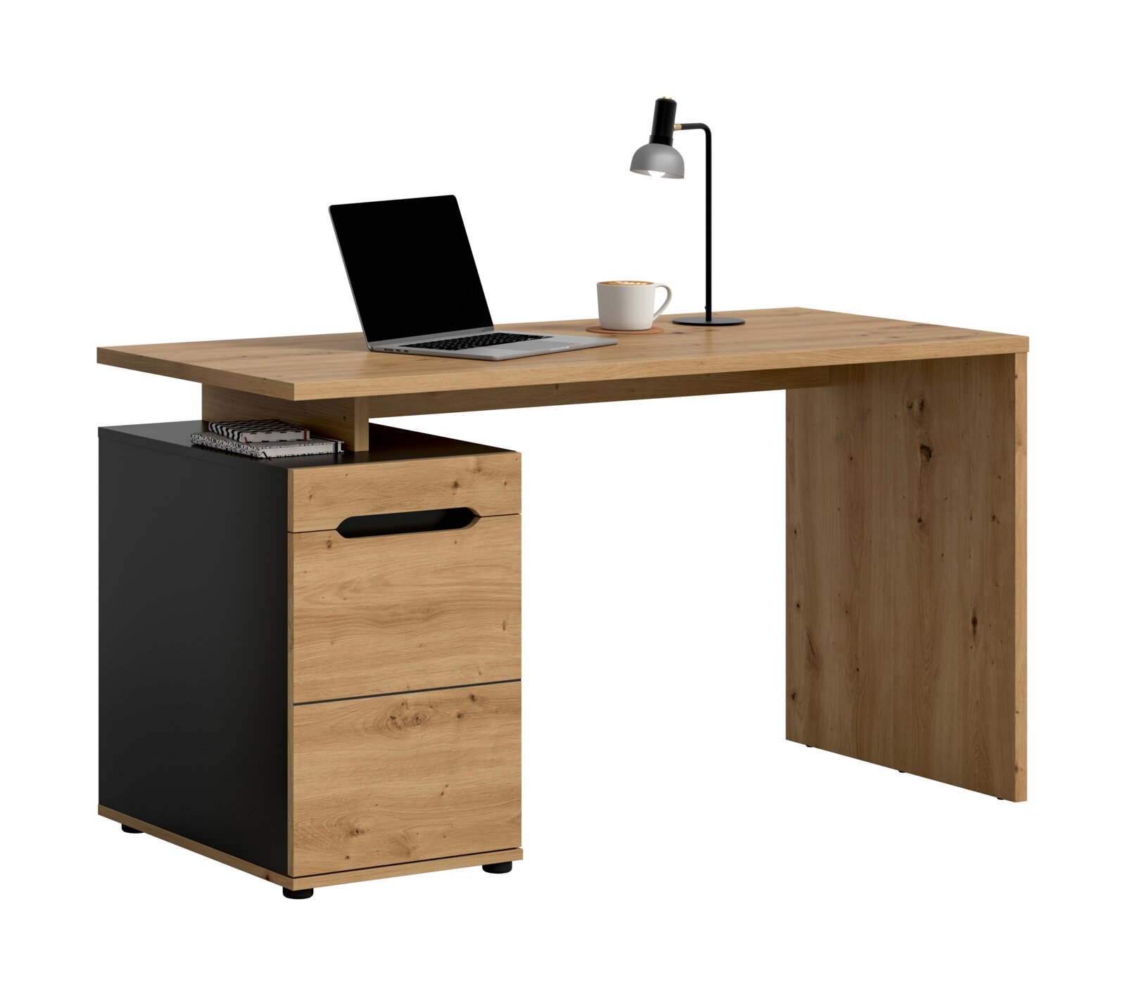 MID.YOU Schreibtisch CANU Moderner Schreibtisch in Holzoptik mit schwarzem Seitenteil und integriertem Schubladen-/Ablageblock, auf der Platte Laptop, Tasse und Tischlampe; Ansicht schräg von vorne links.