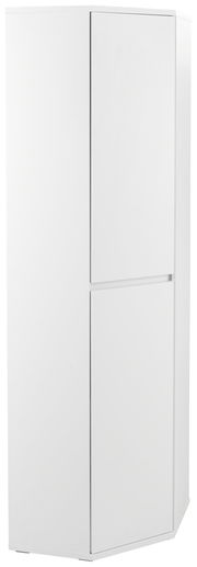 Weißer Eckschuh-Mehrzweckschrank von XORA, perspektivisch von vorne links fotografiert.