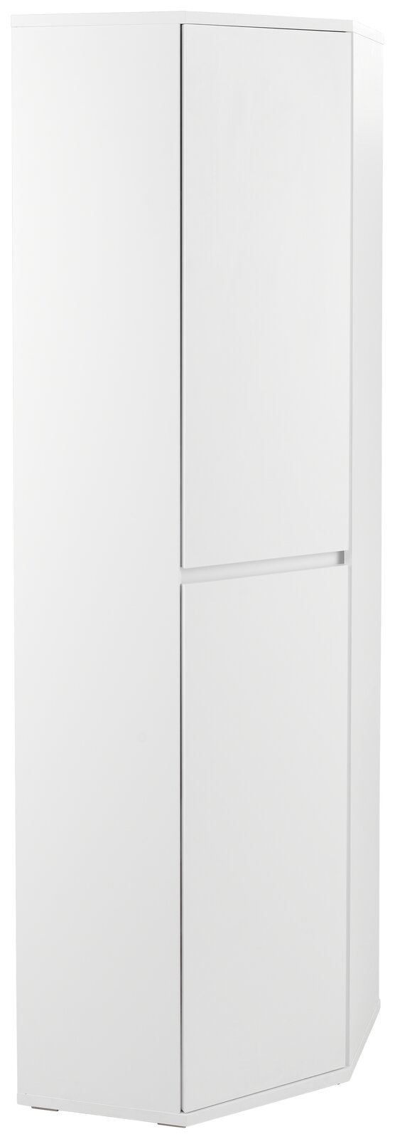 Weißer Eckschuh-Mehrzweckschrank von XORA, perspektivisch von vorne links fotografiert.