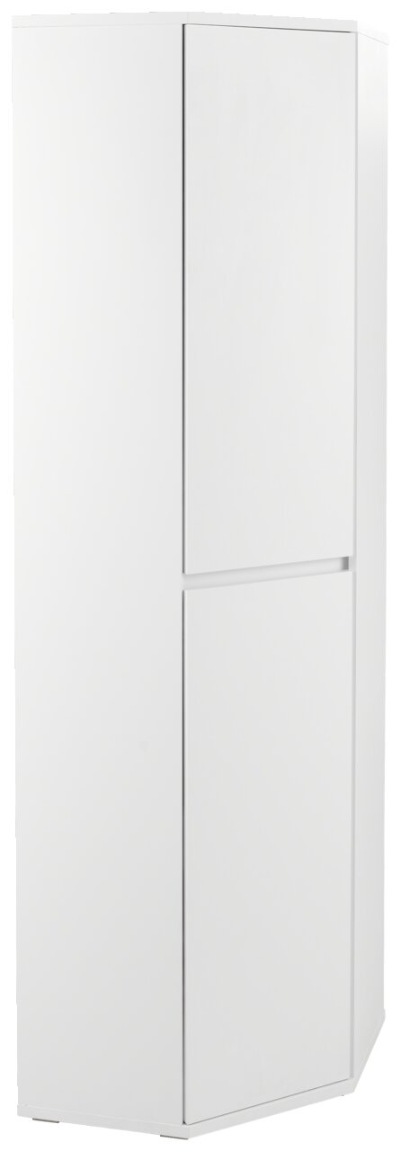 Weißer Eckschuh-Mehrzweckschrank von XORA, perspektivisch von vorne links fotografiert.