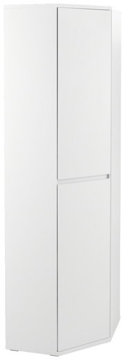 Weißer Eckschuh-Mehrzweckschrank von XORA, perspektivisch von vorne links fotografiert.