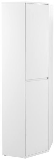 Weißer Eckschuh-Mehrzweckschrank von XORA, perspektivisch von vorne links fotografiert.