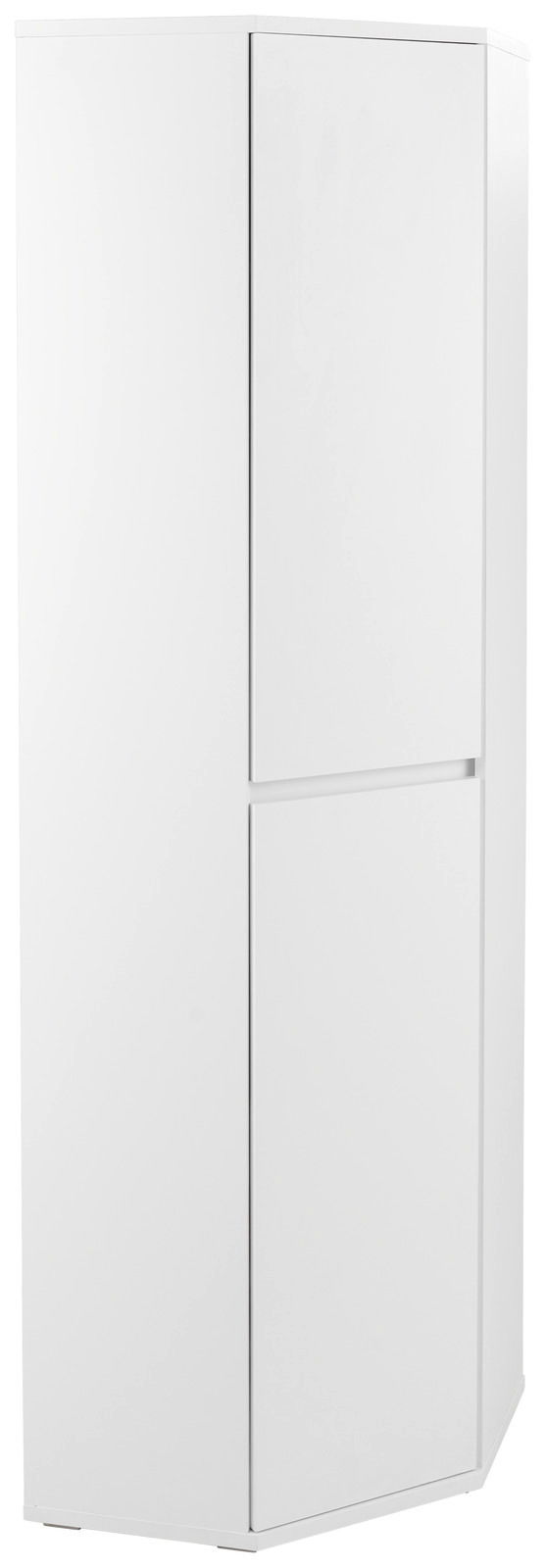 Weißer Eckschuh-Mehrzweckschrank von XORA, perspektivisch von vorne links fotografiert.