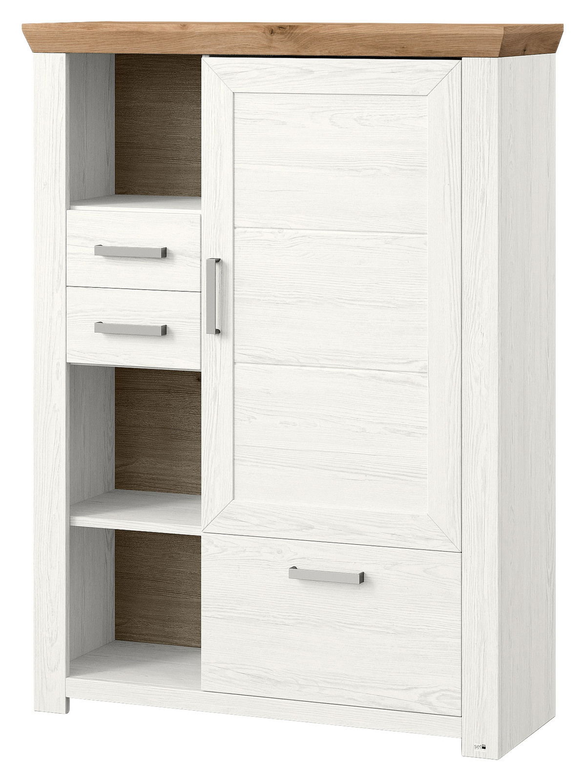 Set one by Musterring Highboard SET ONE YORK Weißes Highboard mit Holzakzent, zwei Schubladen und einer Tür, seitliche Perspektive