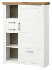 Weißes Highboard mit Holzakzent, zwei Schubladen und einer Tür, seitliche Perspektive