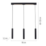 Schwarze dreiflammige LED-Pendelleuchte mit drei zylindrischen Hängelampen an rechteckigem Baldachin, Breite ca. 90 cm, Höhenverstellung 60–120 cm, Zylinderdurchmesser ca. 5,2 cm, Frontalansicht.
