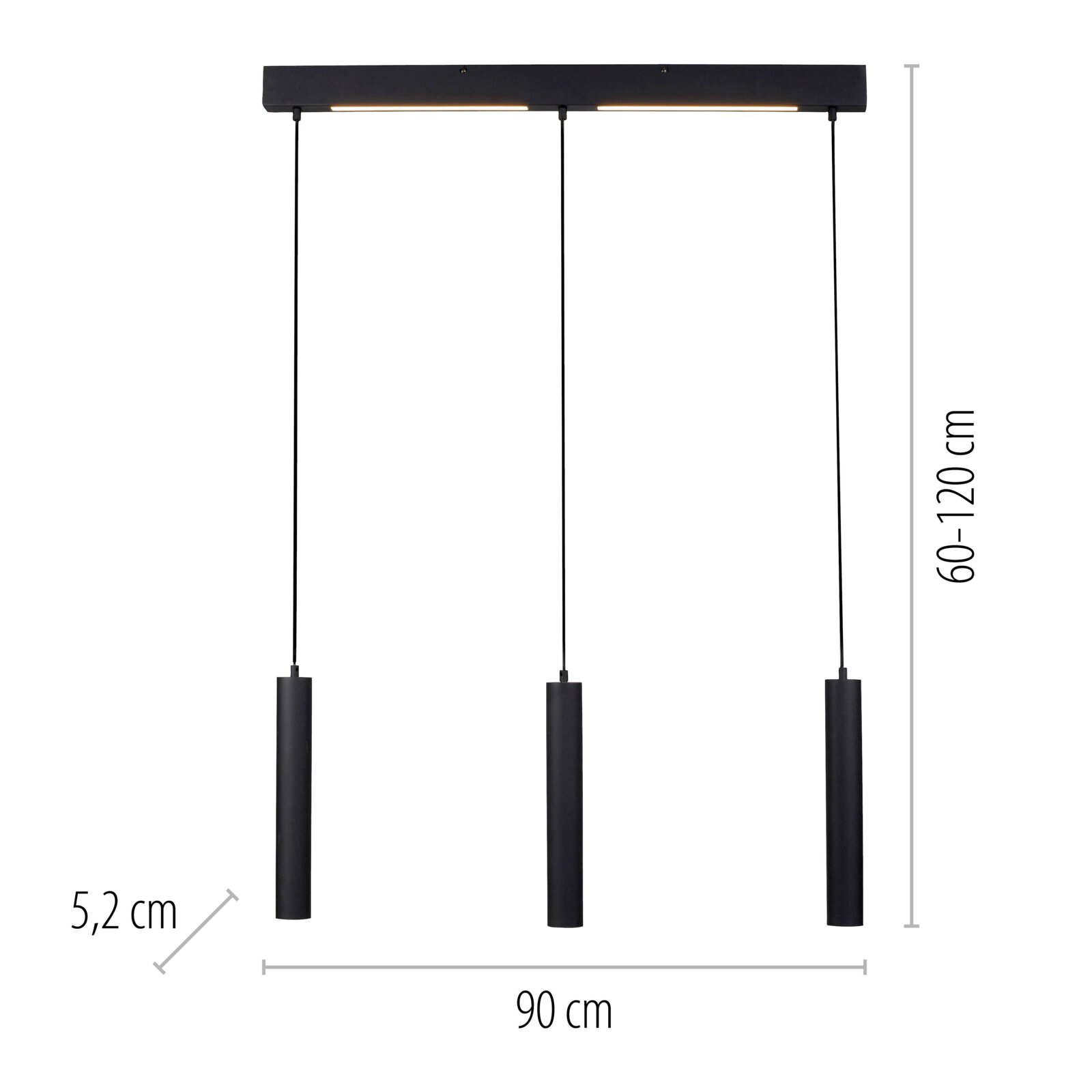 Schwarze dreiflammige LED-Pendelleuchte mit drei zylindrischen Hängelampen an rechteckigem Baldachin, Breite ca. 90 cm, Höhenverstellung 60–120 cm, Zylinderdurchmesser ca. 5,2 cm, Frontalansicht.