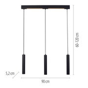 Schwarze dreiflammige LED-Pendelleuchte mit drei zylindrischen Hängelampen an rechteckigem Baldachin, Breite ca. 90 cm, Höhenverstellung 60–120 cm, Zylinderdurchmesser ca. 5,2 cm, Frontalansicht.
