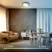Ronde plafondlamp met instelbare kleurtemperatuur van warmwit 3000 K tot koelwit 6500 K, van onderaf gezien in een modern woon- en eetinterieur