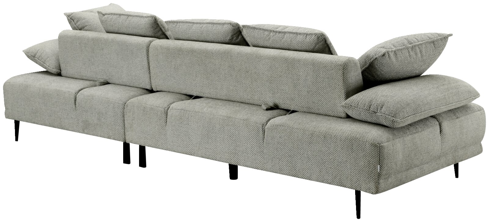 Rückansicht eines modernen, grauen Ecksofas mit verstellbaren Rückenlehnen und schwarzen Beinen.