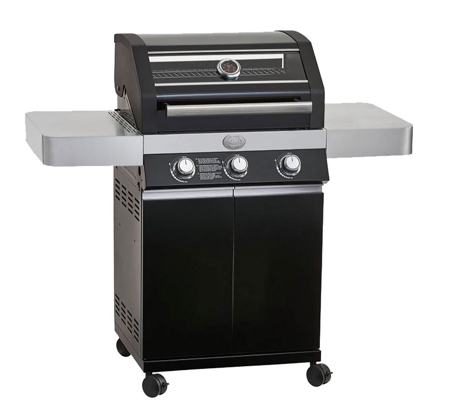 Frontansicht der BBQ-Station Videro Pure G3 mit drei Drehknöpfen und seitlichen Ablagen.