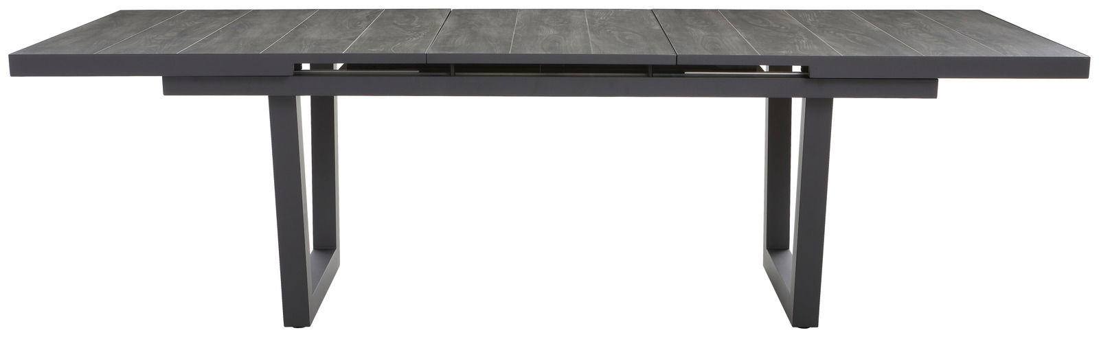 Moderner Gartentisch aus dunklem Holz und Metall, frontal betrachtet.