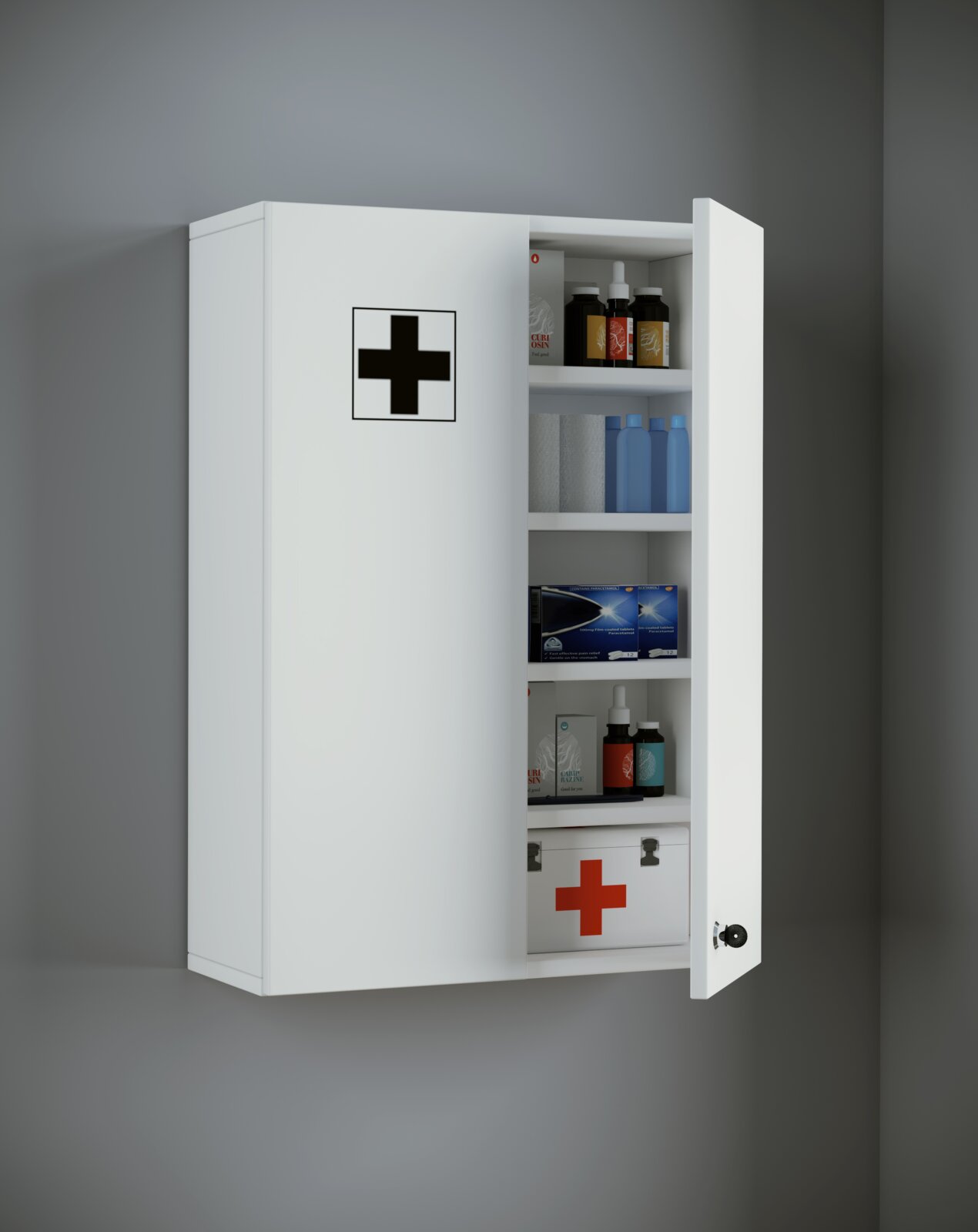 Weißer Wandschrank als Medizinschrank mit schwarzem Kreuz, Tür rechts geöffnet und Blick von vorn leicht seitlich auf die gefüllten Regalböden