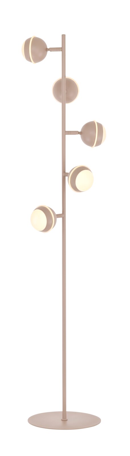 Vooraanzicht van een moderne beige vloerlamp met vijf bolvormige lichtkoppen en een slanke standaard op een ronde voet