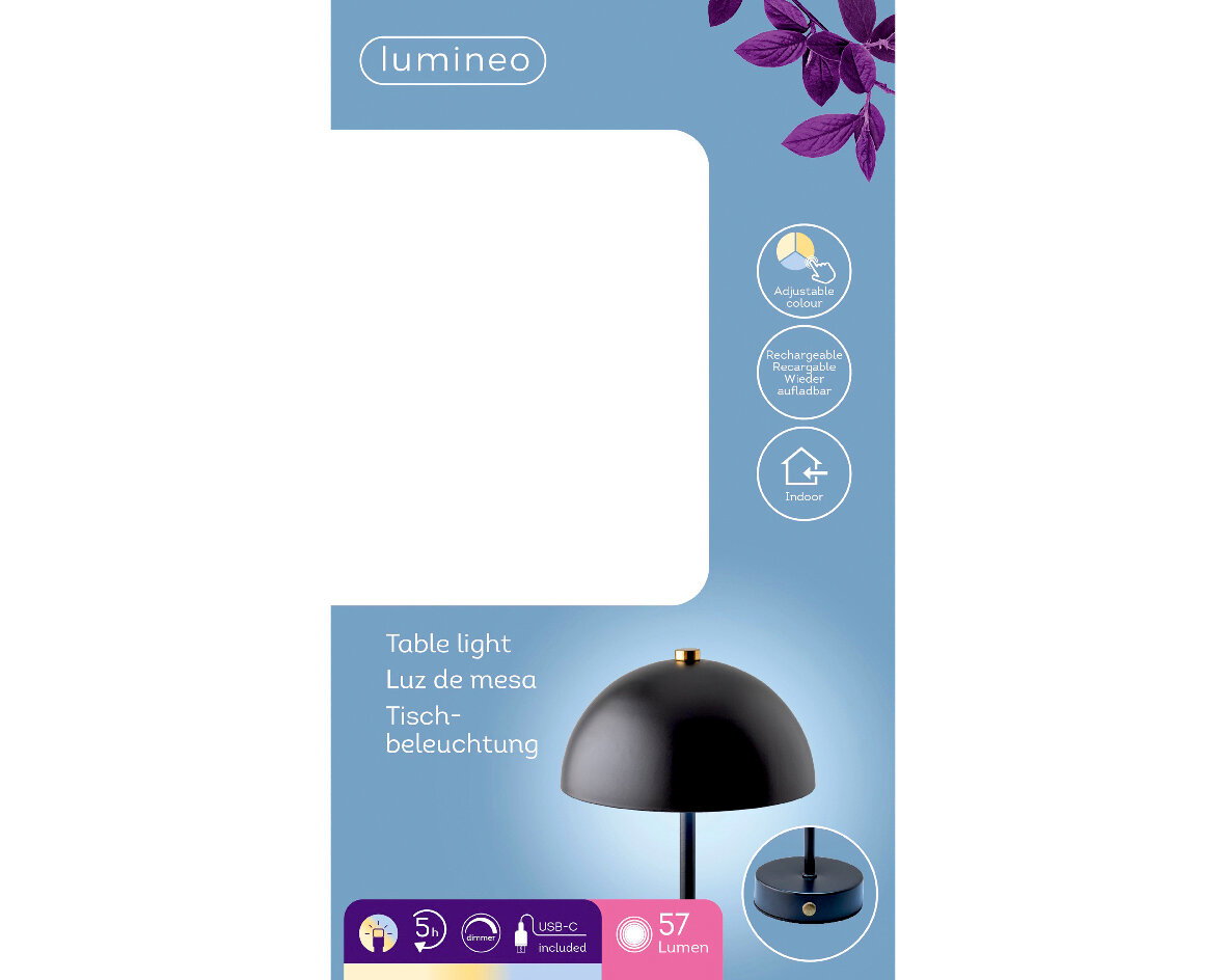 LED Tischleuchte mit schwarzem, kuppelförmigem Schirm, USB-C Anschluss und dimmbarer Funktion, seitliche Perspektive