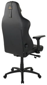 Rückansicht eines schwarzen Gaming-Stuhls mit verstellbaren Armlehnen und stabiler Basis auf Rollen.