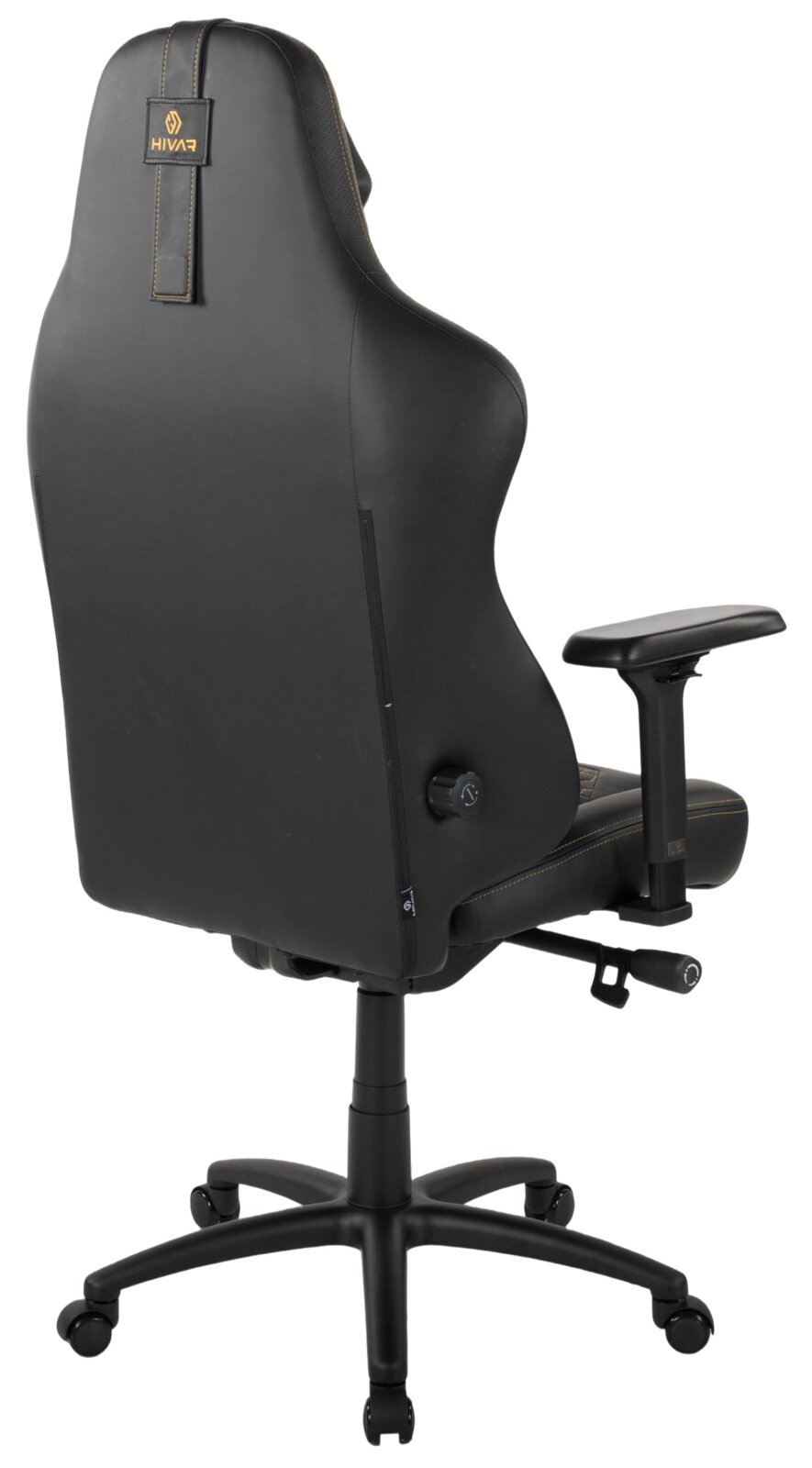 Rückansicht eines schwarzen Gaming-Stuhls mit verstellbaren Armlehnen und stabiler Basis auf Rollen.