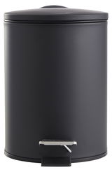 Schwarzer Treteimer mit 3 Litern Fassungsvermögen, frontal fotografiert. Der Eimer hat einen Deckel und ein Pedal zum Öffnen.