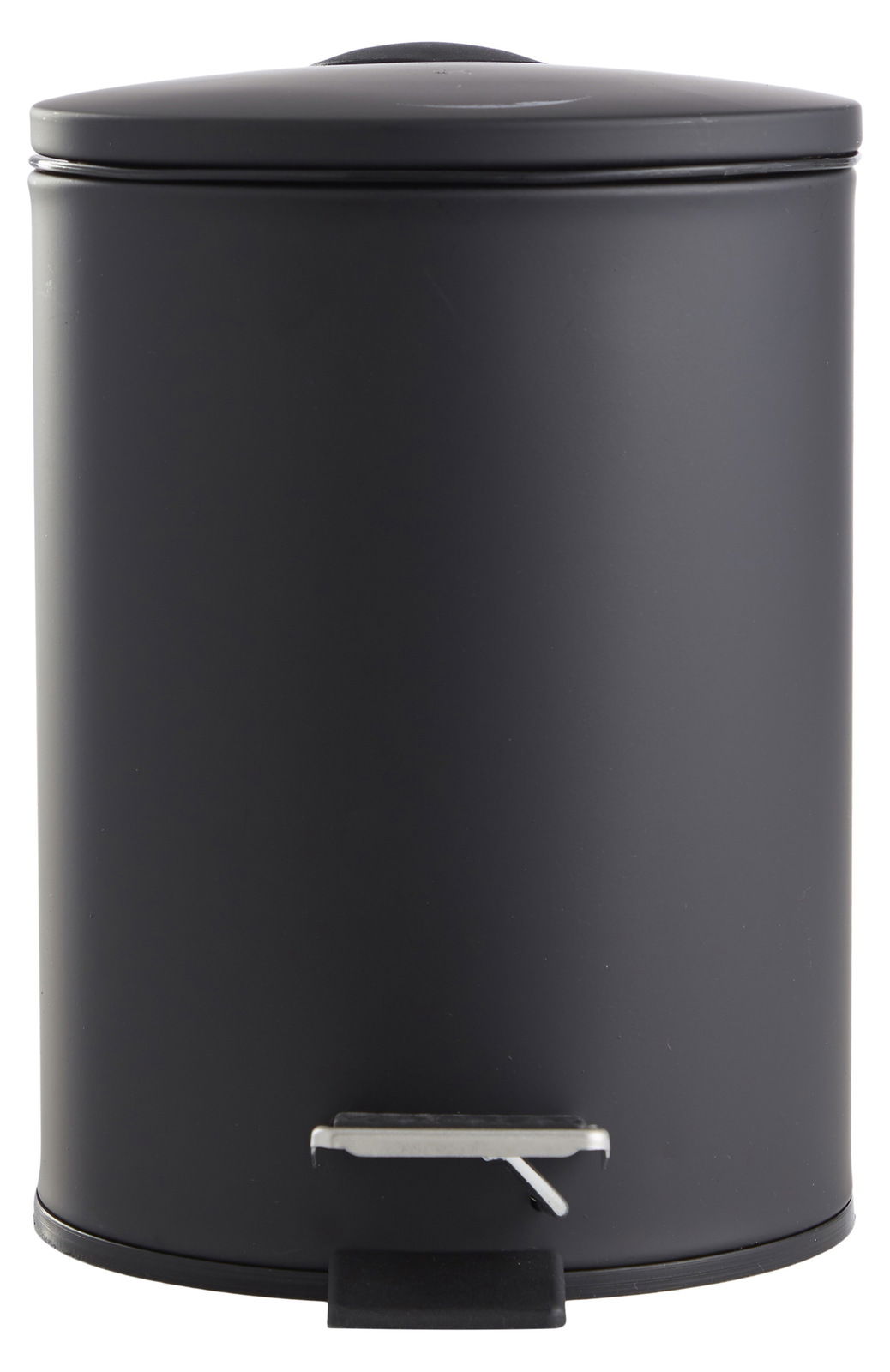 Schwarzer Treteimer mit 3 Litern Fassungsvermögen, frontal fotografiert. Der Eimer hat einen Deckel und ein Pedal zum Öffnen.