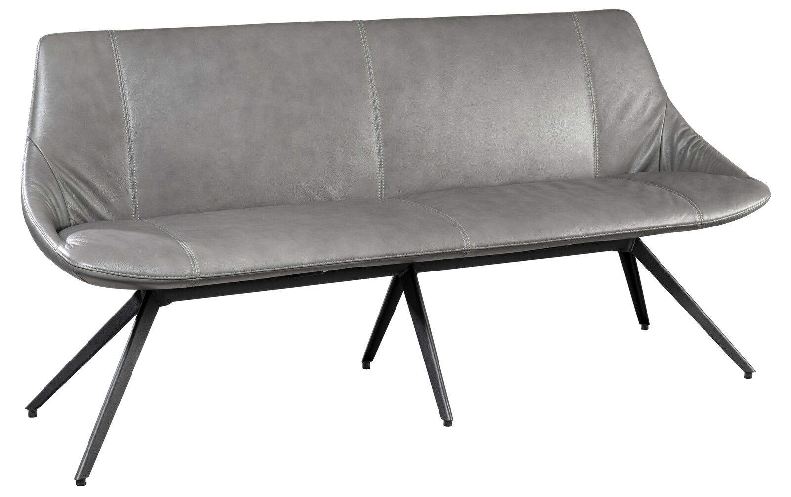 Graue Bank mit modernem Design und schrägen Metallbeinen, seitliche Perspektive