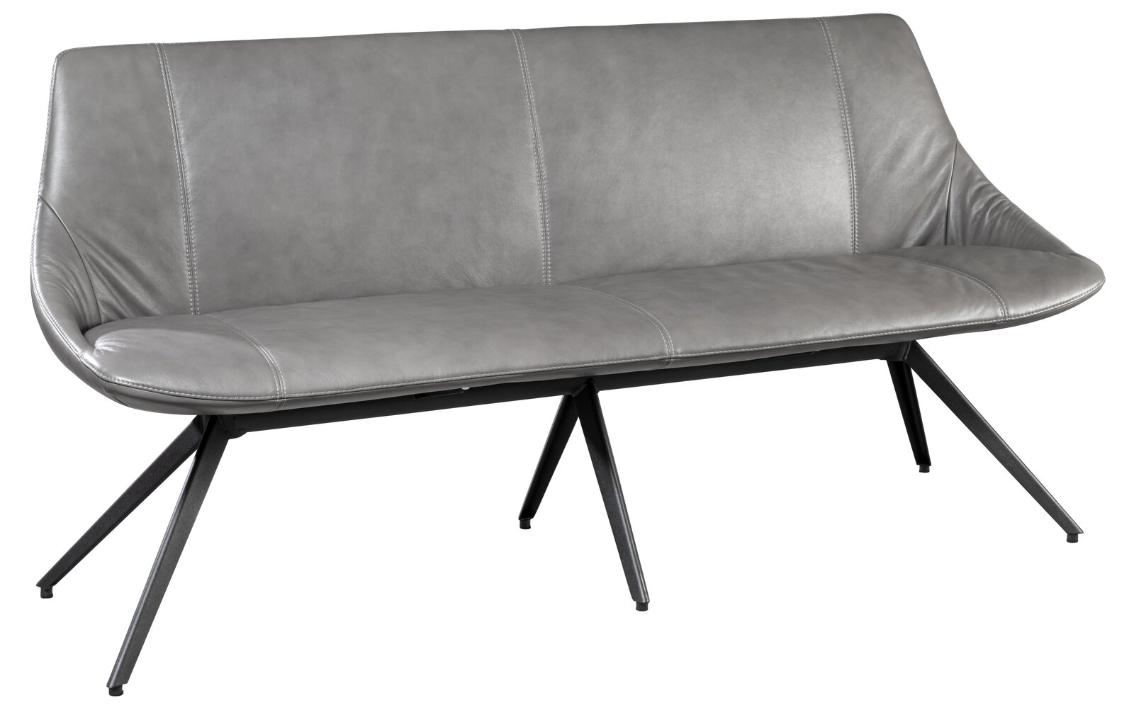Graue Bank mit modernem Design und schrägen Metallbeinen, seitliche Perspektive