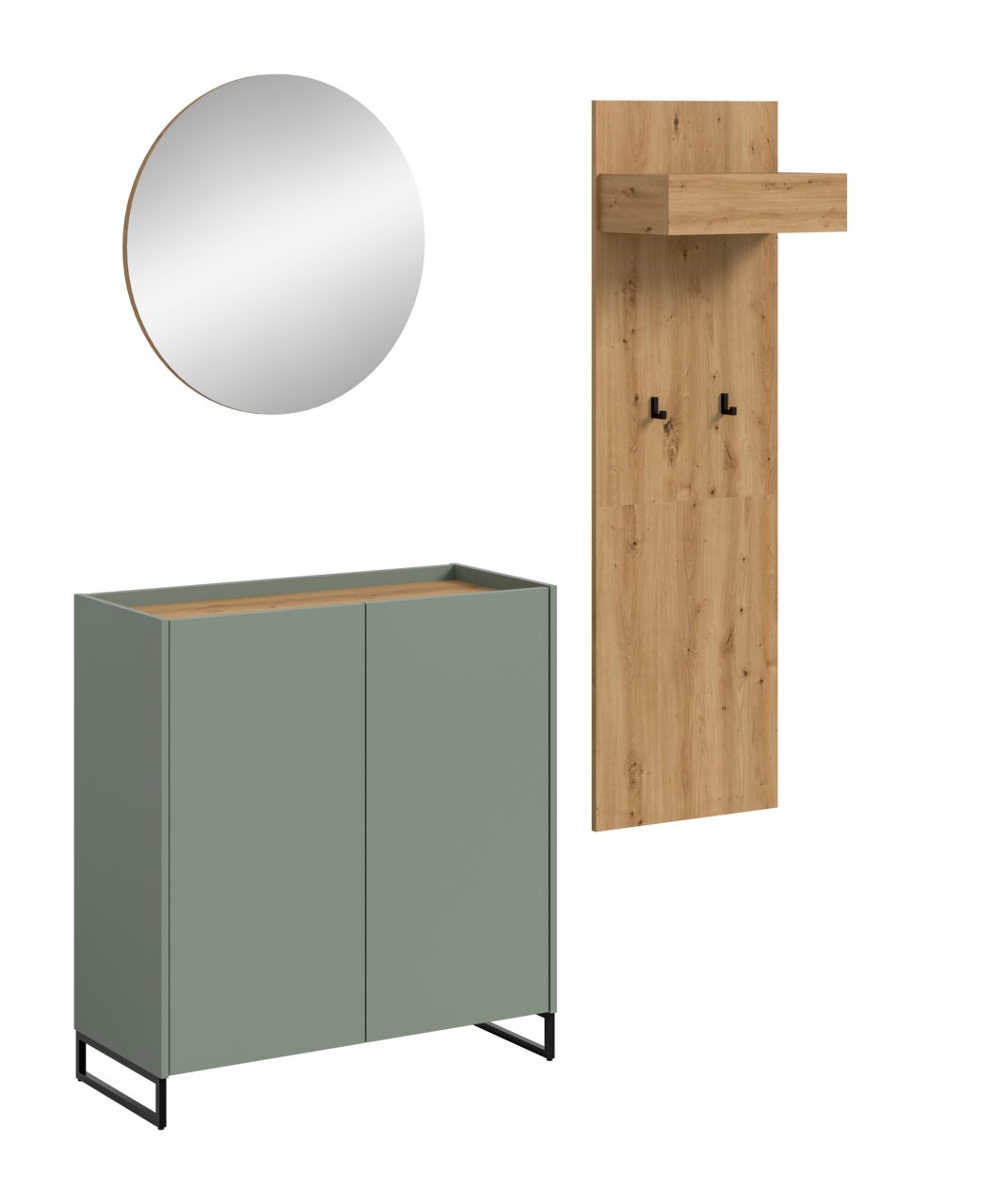 Modernes Garderoben-Set mit rundem Wandspiegel, Holzpaneel mit Hutablage und Haken sowie grünem Schuhschrank auf schwarzem Metallgestell, freigestellt in Frontansicht