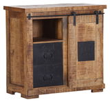 Rustikaler Barschrank aus Holz mit Schiebetür und zwei schwarzen Schubladen, seitliche Perspektive