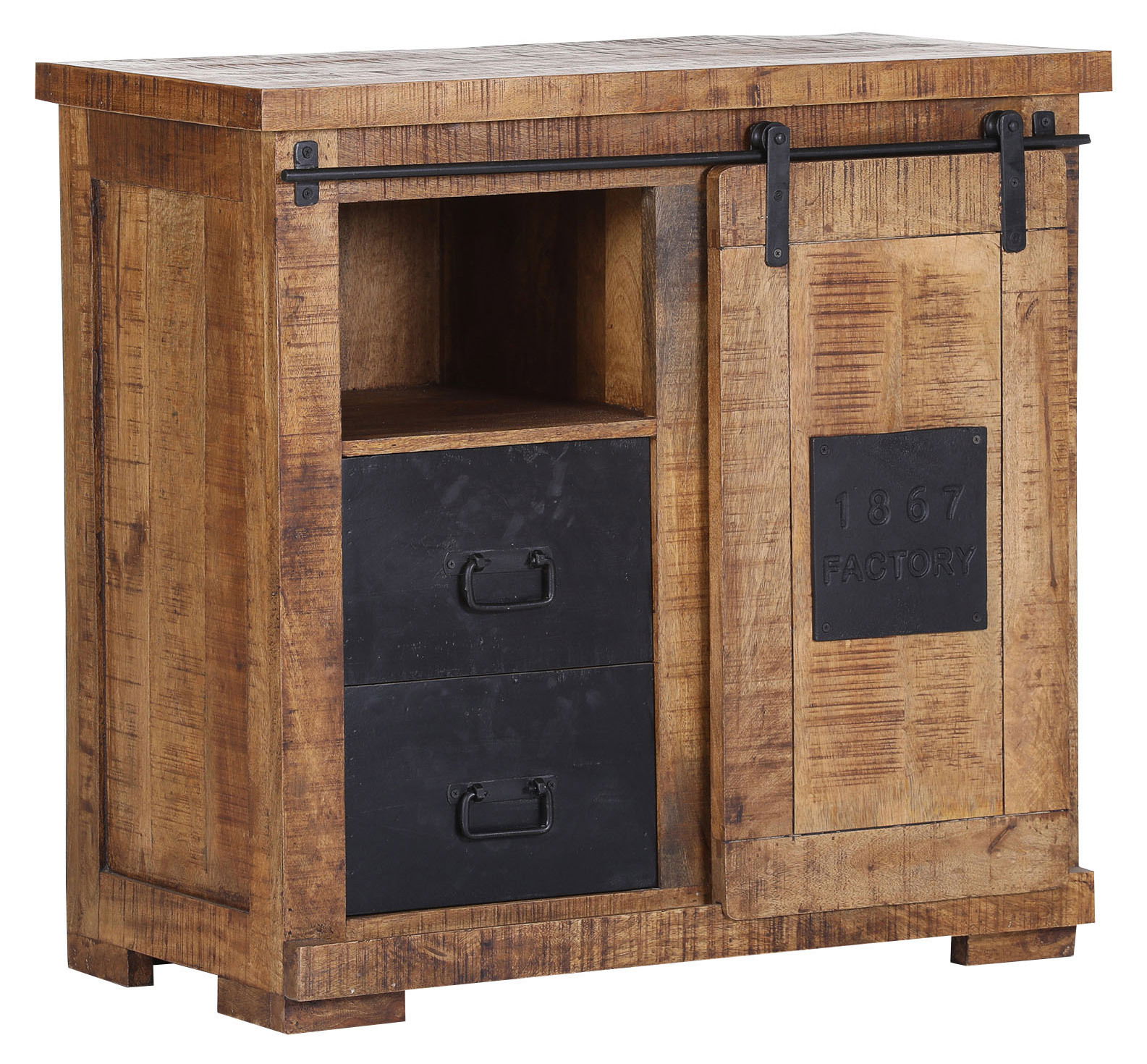 Rustikaler Barschrank aus Holz mit Schiebetür und zwei schwarzen Schubladen, seitliche Perspektive