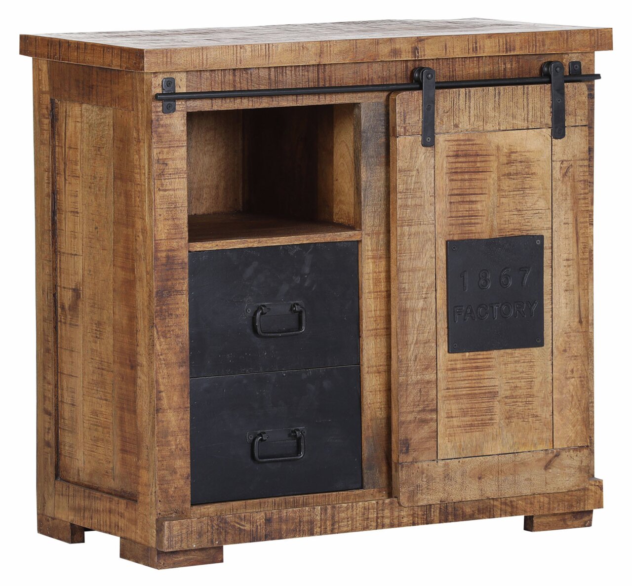 Rustikaler Barschrank aus Holz mit Schiebetür und zwei schwarzen Schubladen, seitliche Perspektive