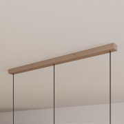 Lange, rechteckige Deckenbaldachin einer Pendelleuchte in Beige mit drei schwarzen Abhängungen, fotografiert aus schräger Untersicht (Blick nach oben) an der Zimmerdecke.
