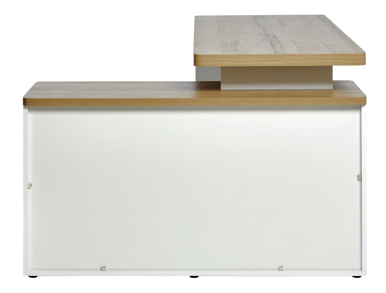 Eck-Schreibtisch aus Holz und weißem Material, Vorderansicht