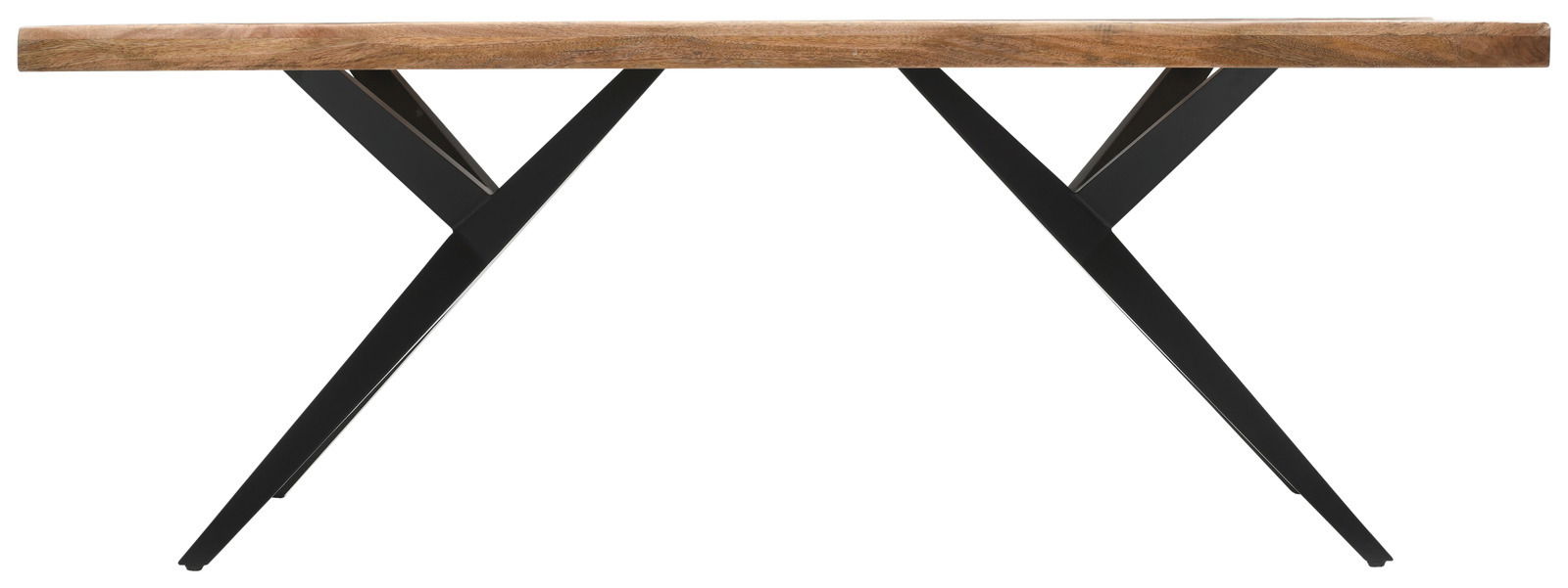 Moderner Esstisch mit Holzplatte und schwarzen Metallbeinen, Seitenansicht.