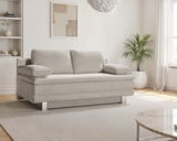 Beige Querschläfer-Sofa in einem modernen Wohnzimmer, seitliche Perspektive