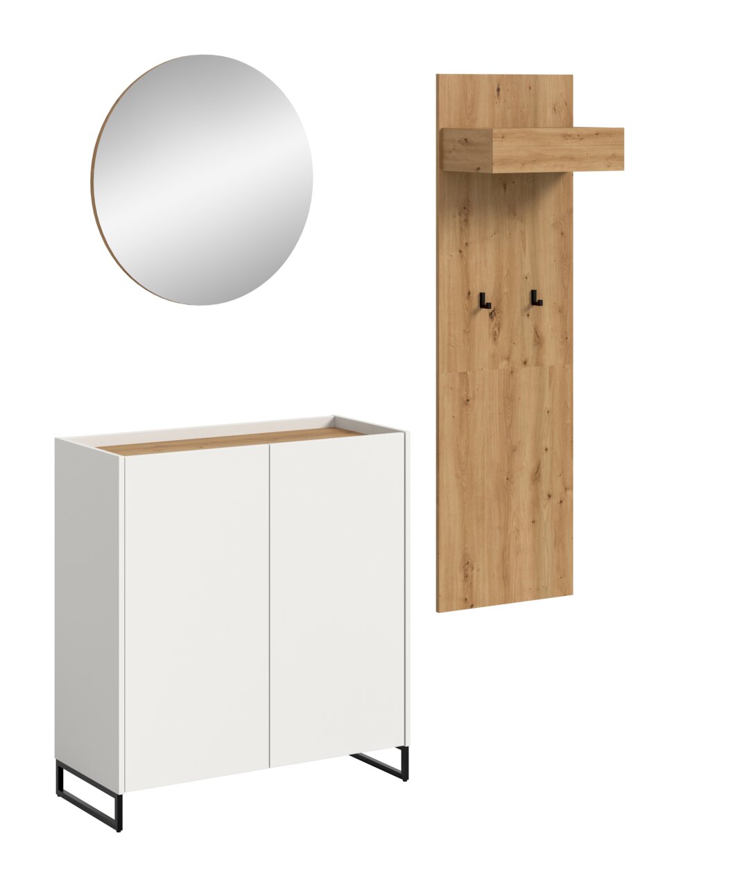 MID.YOU Garderobenkombination DRIVE Garderoben-Set in Weiß und Eicheoptik mit rundem Wandspiegel, hoher Garderobenpaneel mit Ablage und Haken sowie zweitürigem Schuhschrank auf schwarzem Metallgestell, freigestellt auf Weiß, Ansicht frontal/leicht seitlich