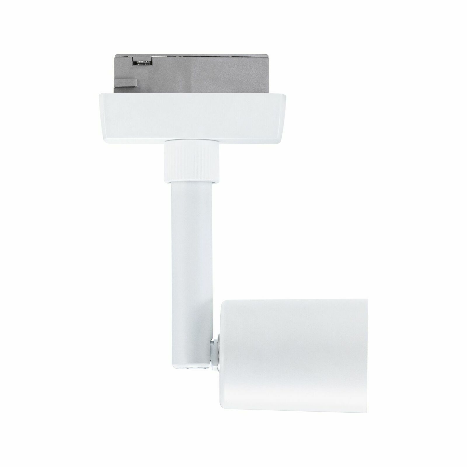 Weißer Schienenspot Salt, seitliche Ansicht, mit zylindrischem Leuchtenkopf und rechteckiger Halterung.