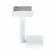 Weißer Schienenspot Salt, seitliche Ansicht, mit zylindrischem Leuchtenkopf und rechteckiger Halterung.