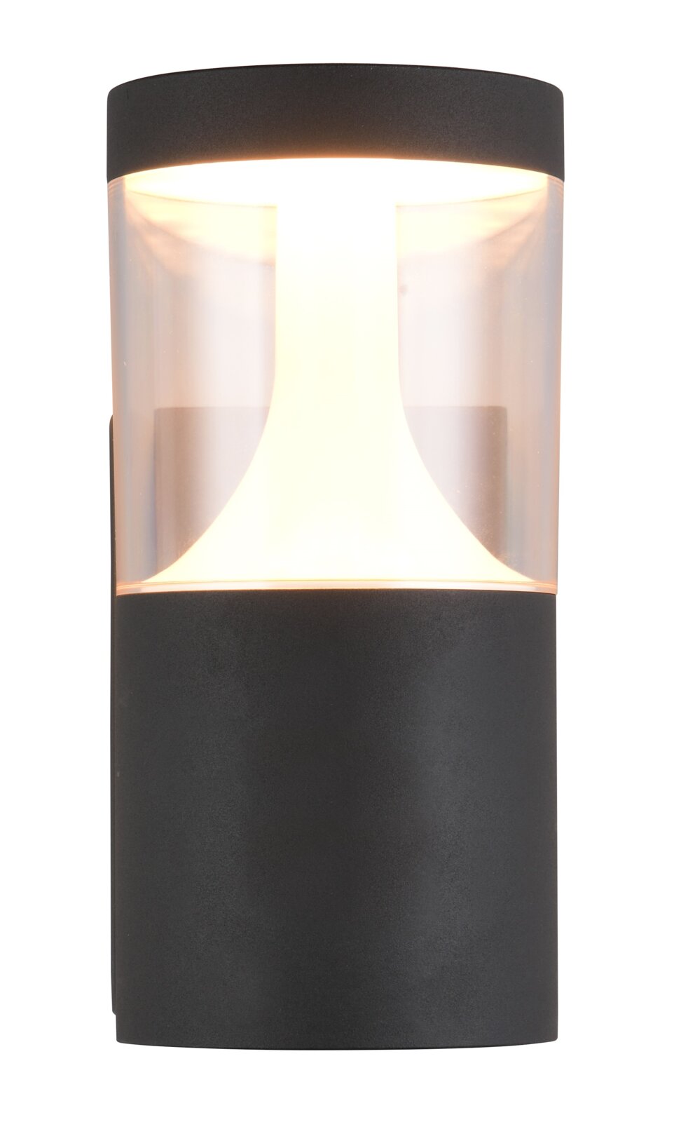 Moderne LED-buitenwandlamp in cilindrische vorm, hier van voren afgebeeld, met een zwarte behuizing en een transparante lichtverspreider.