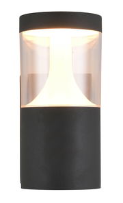 Moderne LED-Außenwandleuchte in zylindrischer Form, frontal abgebildet, mit schwarzem Gehäuse und transparentem Diffusor.