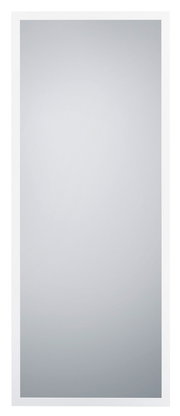 Rechteckiger Spiegel mit weißem Rahmen, frontal fotografiert.