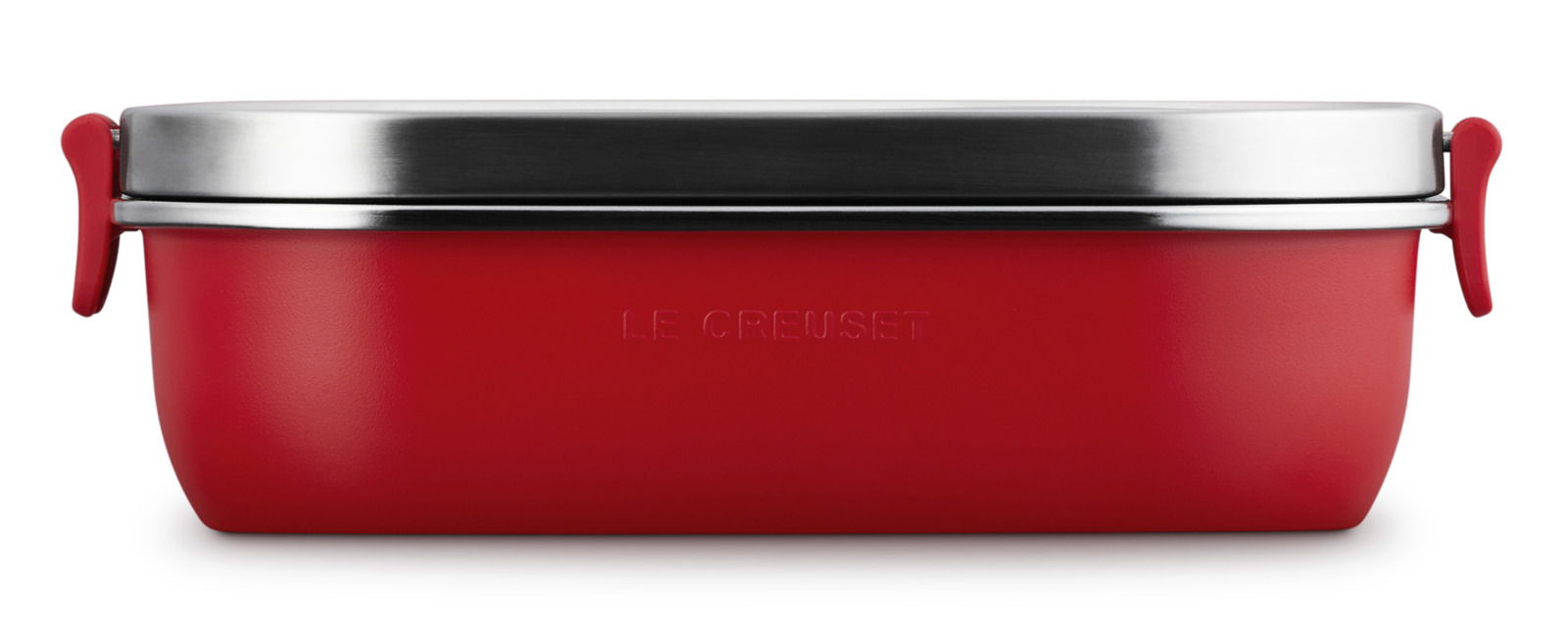Rote Lunchbox mit Edelstahl-Deckel, seitliche Ansicht