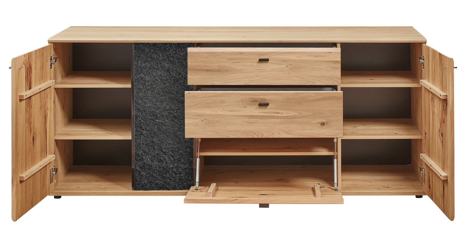 Houten dressoir/commode met open deuren, twee lades en legplanken, met donker stenen middenpaneel en neerklapbaar vak, frontaal aanzicht