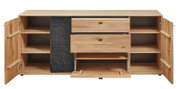 Houten dressoir/commode met open deuren, twee lades en legplanken, met donker stenen middenpaneel en neerklapbaar vak, frontaal aanzicht