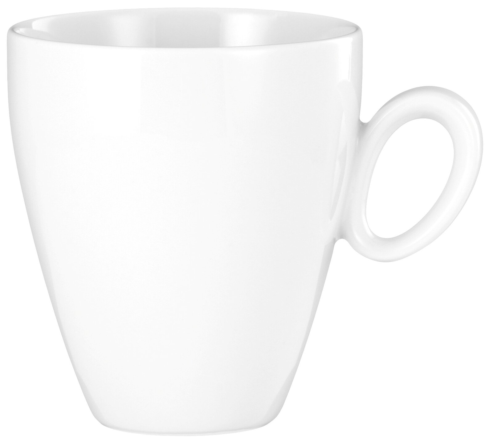Weißer Becher mit Henkel, seitliche Perspektive